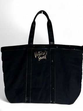 Victoria’s Secret Black Tote Bag Gold Logo Large Carryall Shopper 22" x 14"